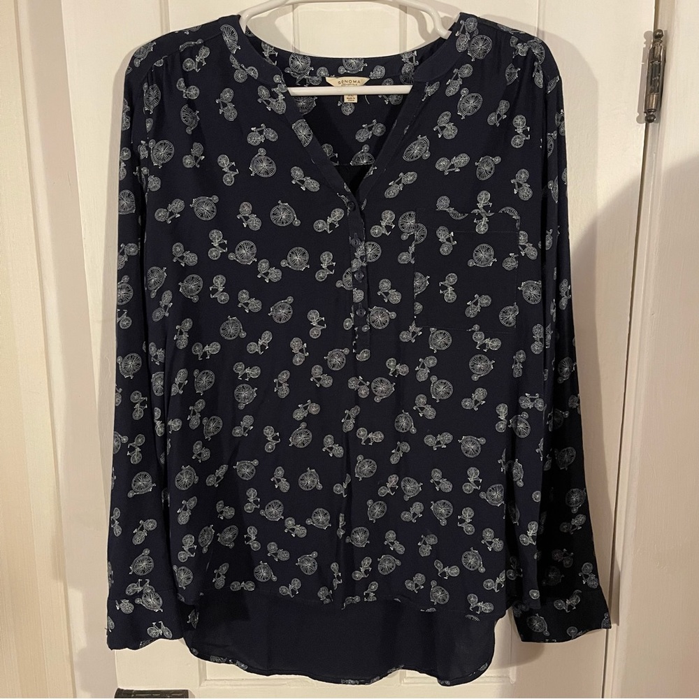 Bicycle Print 1/4 Button Blouse